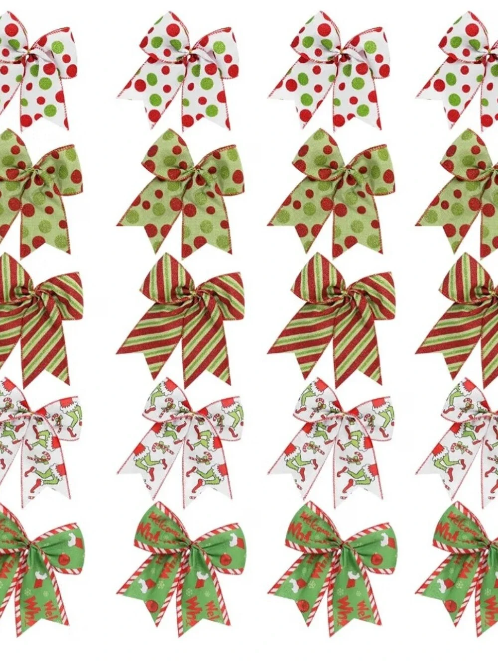Holiday Decorative Ribbon Bows. Grinch Theme Green,  Red Polka Dot & Stripes.